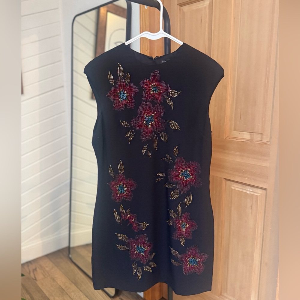 Marciano Black Dress with Red and Gold Floral Design